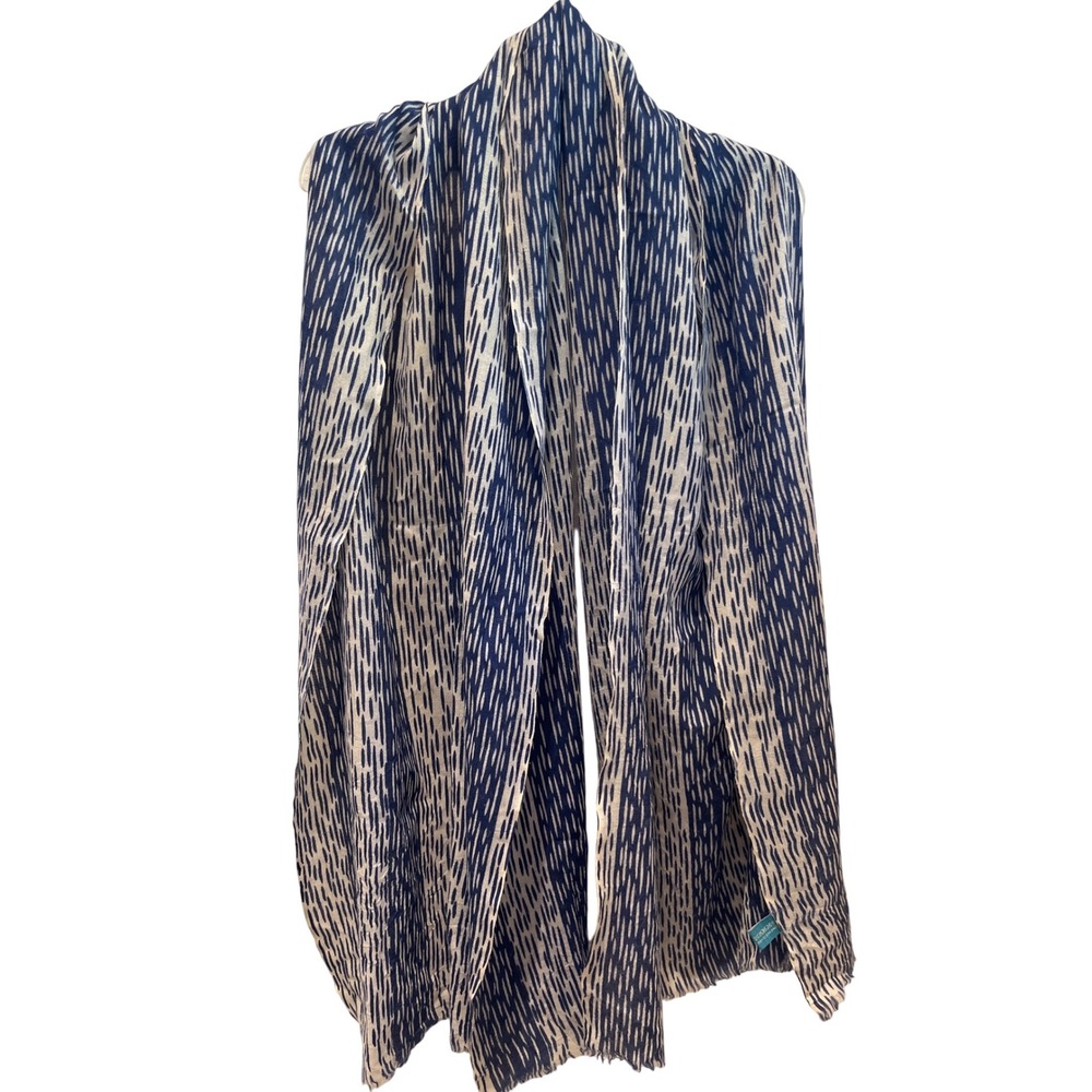 Julie Vos Signed Wool Scarf Made in‎ India Blue Beige Stripe Print Shawl Wrap